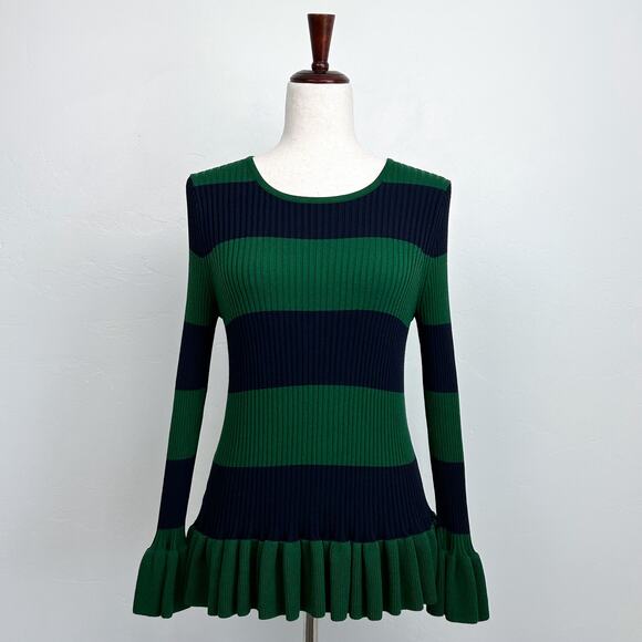 Ann Taylor Green Navy Rib Knit Striped Bell Sleeve Sweater NWT - Picture 2 of 8